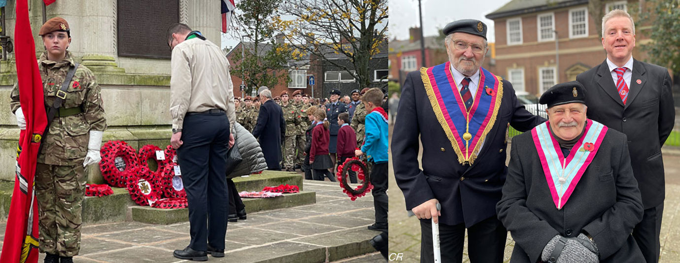 Pictured left: A young army cadet on duty and a Scout has head bowed showing sign of respect. Pictured right from left to right, are: Keigh Gear, Bill Rob and Craig Sutton.