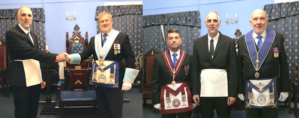 Pictured left: Omar Al Saman (left) being congratulated by WM David Boyes. Pictured right from left to right, are: Keith Lindsay, Omar Al Saman and Chris Lyon