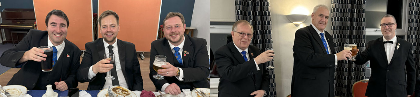 Pictured left from left to right, are: Mick Southern, Richard Walker and Jon Critchley. Pictured right from left to right, are: Colin Rowling, Andy Whittle and Sam Conroy at the festive board toasts