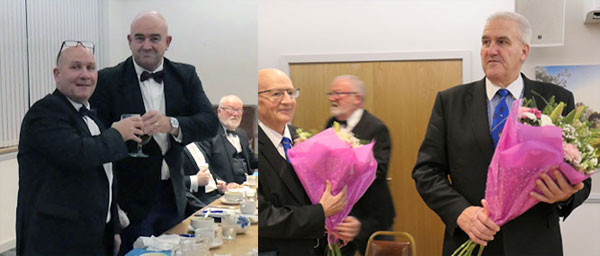 Pictured left: Emelyn Williams (left) takes wine with Alan Dowd. Pictured right: Andrew Whittle (right) and John Gibbon receive flowers from the lodge