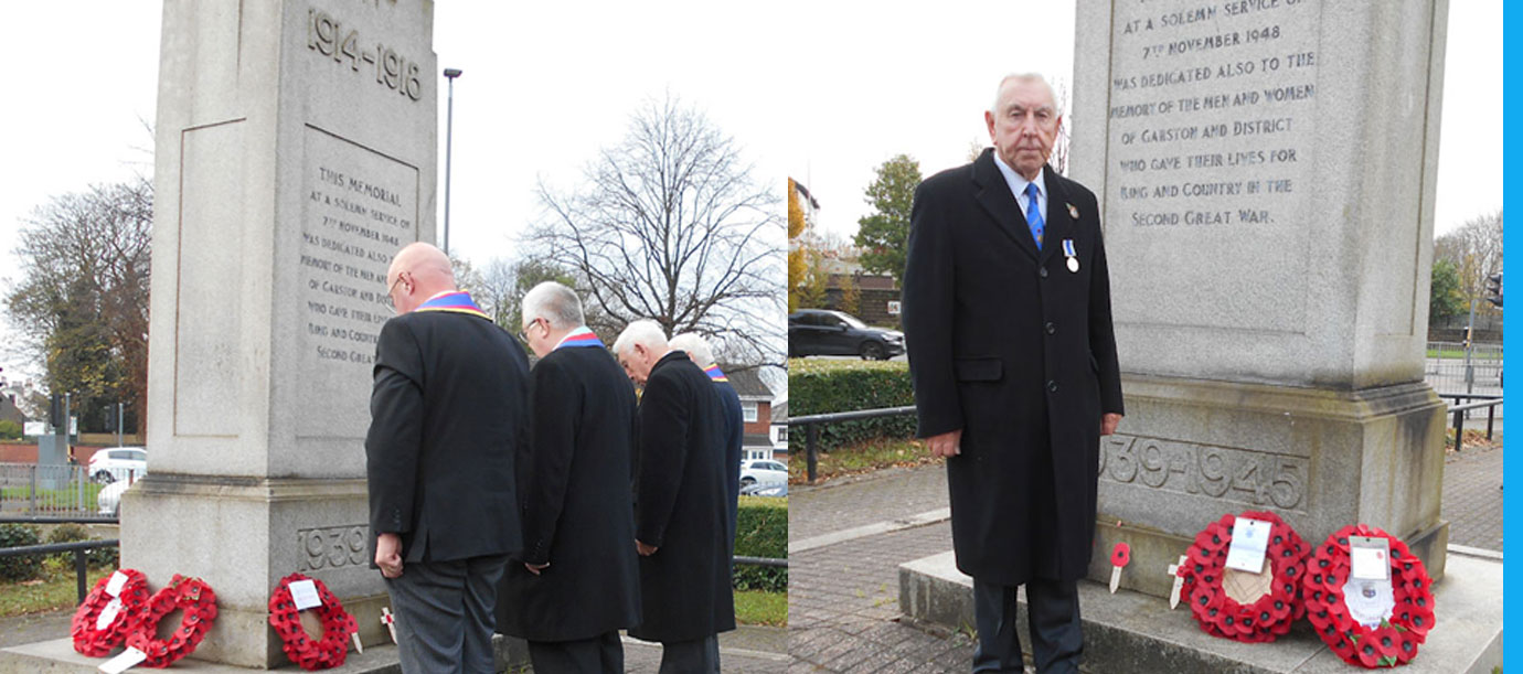 Pictured left: Brethren paying their respects at Cenotaph. Pictured right: Ken Bradley lays wreath on behalf of Lodge of Harmony.