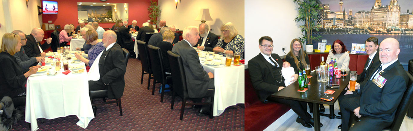 Pictured left: Diners at Garston Masonic Hall. Pictured right: Family affair, pictured from left to right. are: Ryan Fleming, baby Nancy, Lauren, Angela, Ryan and Kevin Hitchmough.