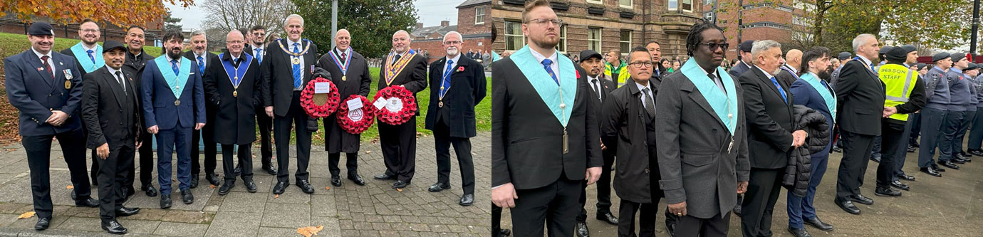 Pictured left: Some of the veterans with Andy and David. Pictured right: Brethren at the Cenotaph.