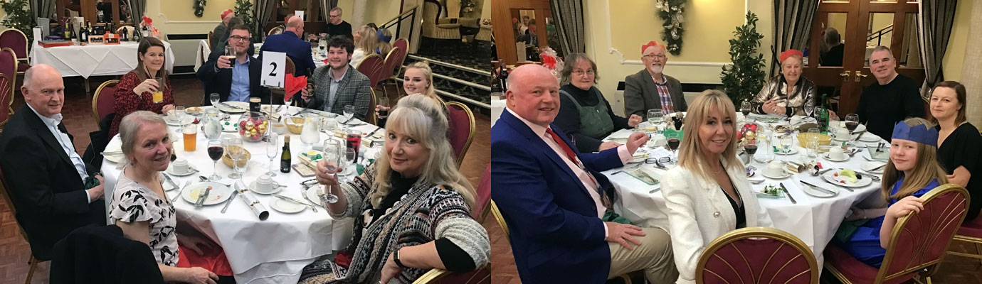 Pictured left: WM’s table with Will Buchanan (centre) toasting everyone. Pictured right: Sam Wood (left) with family, Dave and Helen Barr, Daz Collins and family.