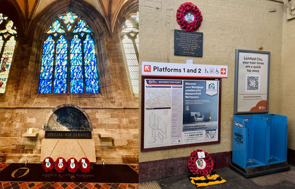 Pictured left: SAS Memorial in Hereford Cathedral. Pictured right: The Robert Davies Memorial at Lichfield Station.