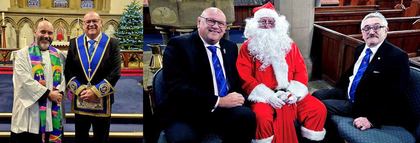 Pictured left: Fr Mark Wolverson with group chairman David Bishop. Pictured right from left to right, are: David Bishop, Father Christmas and John Rimmer