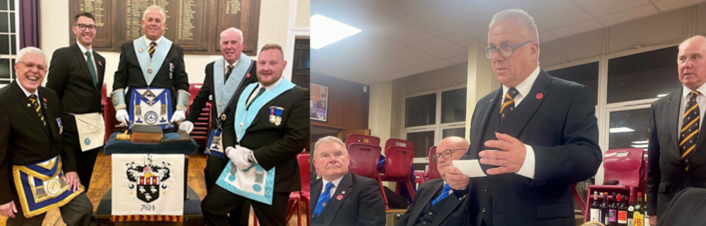 Pictured left from left to right, are: Alan Scarrott, Joe Robinson, John Topping, Ian Heyes and Adam Ellis (Joe’s proposer). Pictured right: John Topping speaking about the founders of Old Huttonian, consecrated in 1959, and the relationship with Country Pursuits at that time, as featured in the weekly edition of ‘The Field’ magazine, dated 1st October 1959, which John read excerpts from.