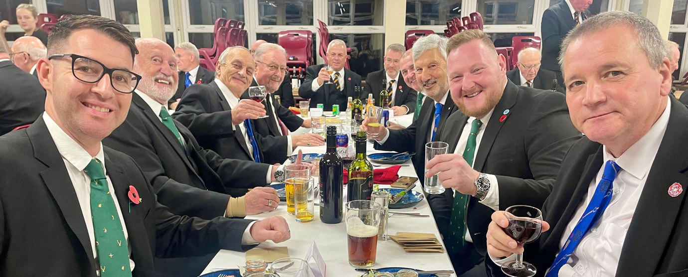 Joe with visitors from Country Pursuits Lodge of West Lancashire at the festive board, from left to right, are: Joe Robinson, Bob Reeves, Chris Tittley, Derek Carr, John Topping, Damien McKeand IPM, James Henderson, Michael Cowsley, Adam Ellis and Colin Preston.