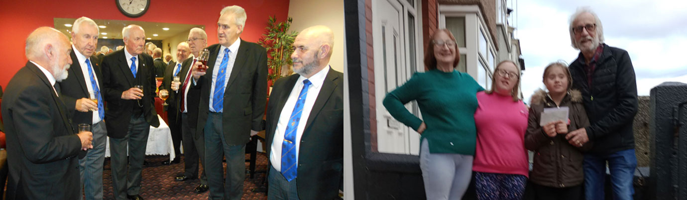 Pictured left: Andrew Whittle (second right) toasting WM Bob Rowlands (left) at the drink’s reception. Pictured right from left to right, are: Margaret Hogan (secretary of Down Syndrome Liverpool), Shona Hogan, Imogen Thwaite (the granddaughter of Mal Yates Garston Masonic Hall Chairman).