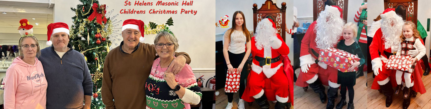 Pictured left: The Masonic Hall team, from left to right, are: Bernie, Andy, Brian and Julie. Pictured right: Father Christmas with the children