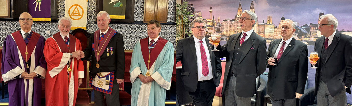 Pictured left from left to right, are: Tom Jones, Bernard Bailey, Alan McCluskey and Ray Cross. Pictured right: Graham Williams (second left) at the drink’s reception.