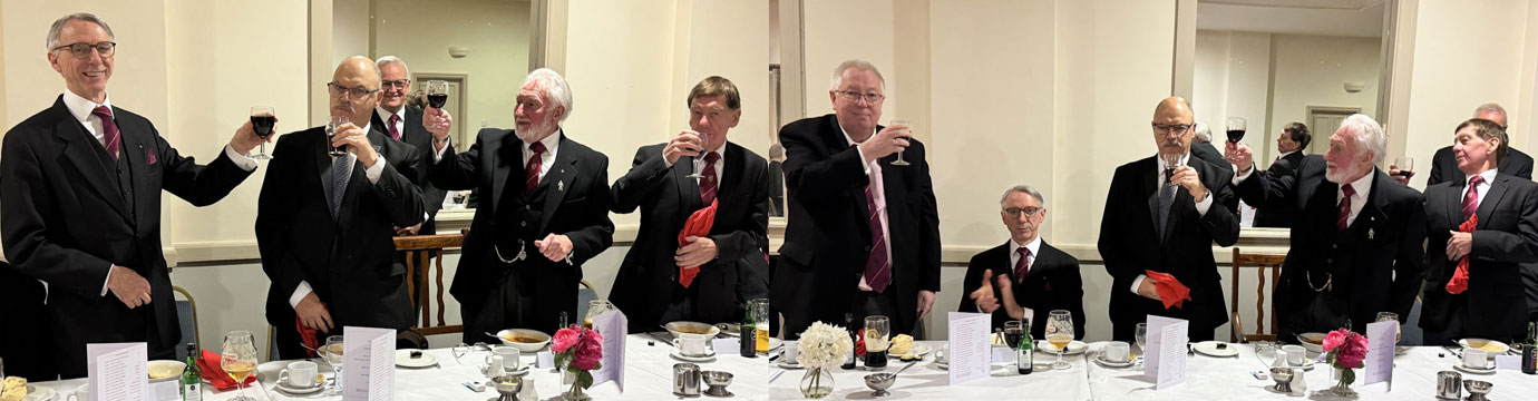 Pictured left: Graham (left) toasting three principals. Pictured right: John Murphy (left) toasting three principals.