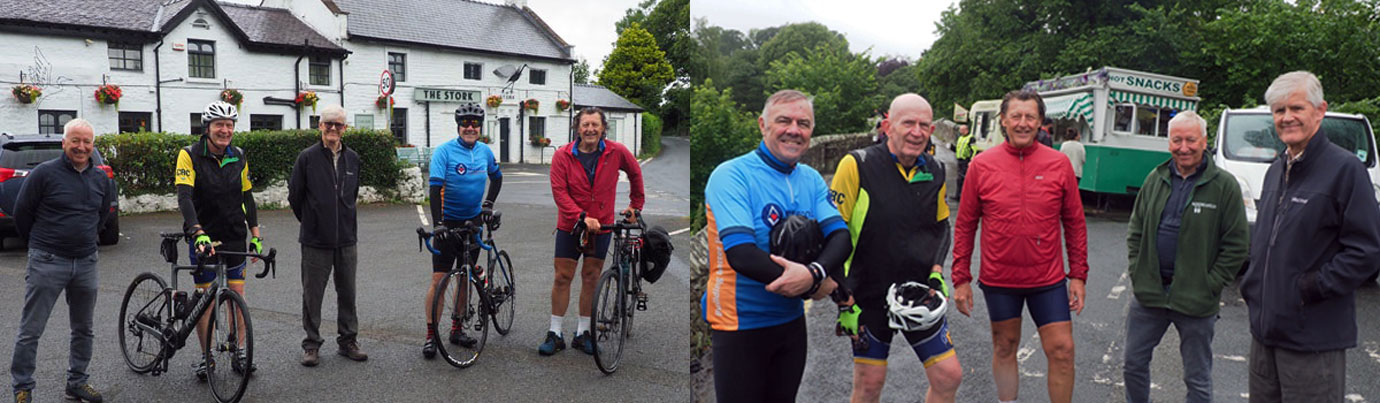 Pictured left from left to right on a Sedbergh 100 brief stop at The Stork with support crew, are: Stephen Dobson, Simon Walker, Ian Ward, Steve Jelly and Geoff Etheridge. Pictured right from left to right, are: Steve Jelly, Simon Walker, Geoff Etheridge, Stephen Dobson and Ian Ward on a Sedbergh 100 refreshment stop.