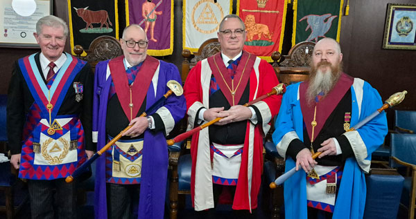 Pictured from left to right, are: Stuart Thornber with the newly installed principals of Hesketh Chapter David Martland, Mark Spragg and Peter Dunn.