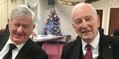 Saturnian stalwarts in conversation during the festive board, Brian Parkin (left) and Peter Greathead.