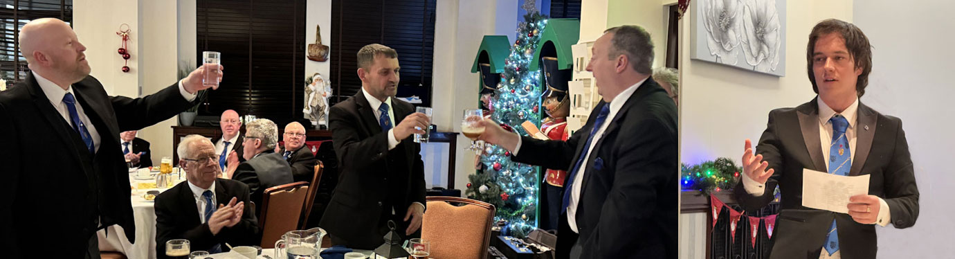 Pictured left from left to right, are: Malcolm Bell, Stewart Cranage, David Thomas and John Doyle. Pictured right: Karl responds to his toast.