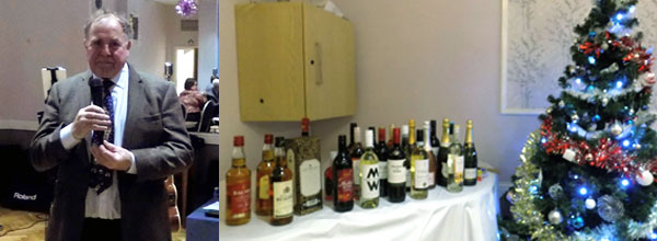 Pictured left: Graham Chambers acting as master of ceremonies. Pictured right: An abundance of raffle prizes.