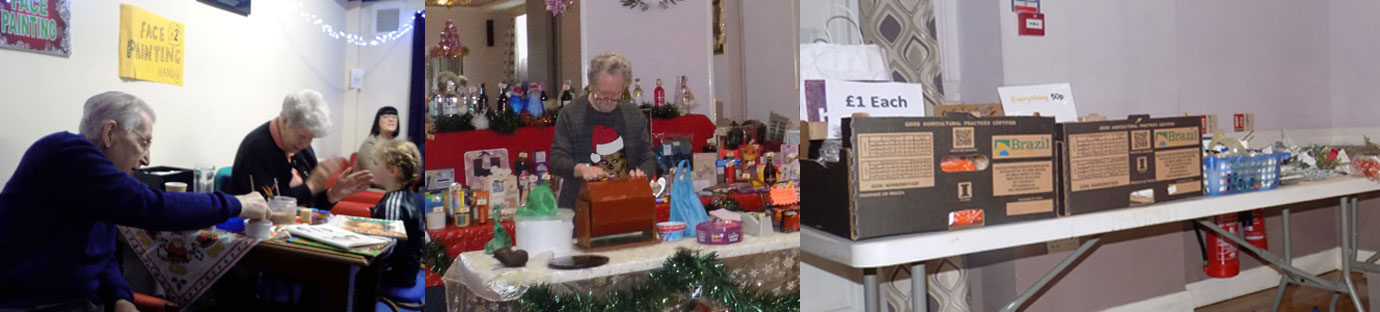 Stalls all set up: Left: Lucky dip and face painting. Centre: Tombola and prizes. Right: Bargains and toys