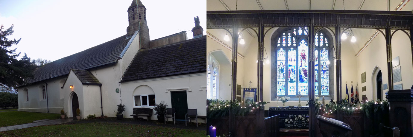 Pictured left: Chapel and alms houses of St John the Devine at Lathom. Pictured right: Rood and chancel.