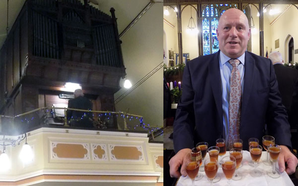 Pictured left: Douglas Little in the organ loft. Pictuted right: Stephen Dunn serves sherry, with mince pies to follow.