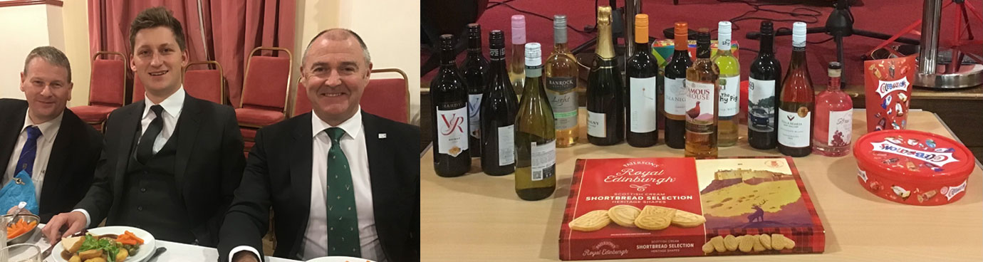 Pictured left from left to right, are: Richard Dennison, Dan Holley and James Henderson enjoying their turkey dinner. Pictured right: The well-stocked raffle table.