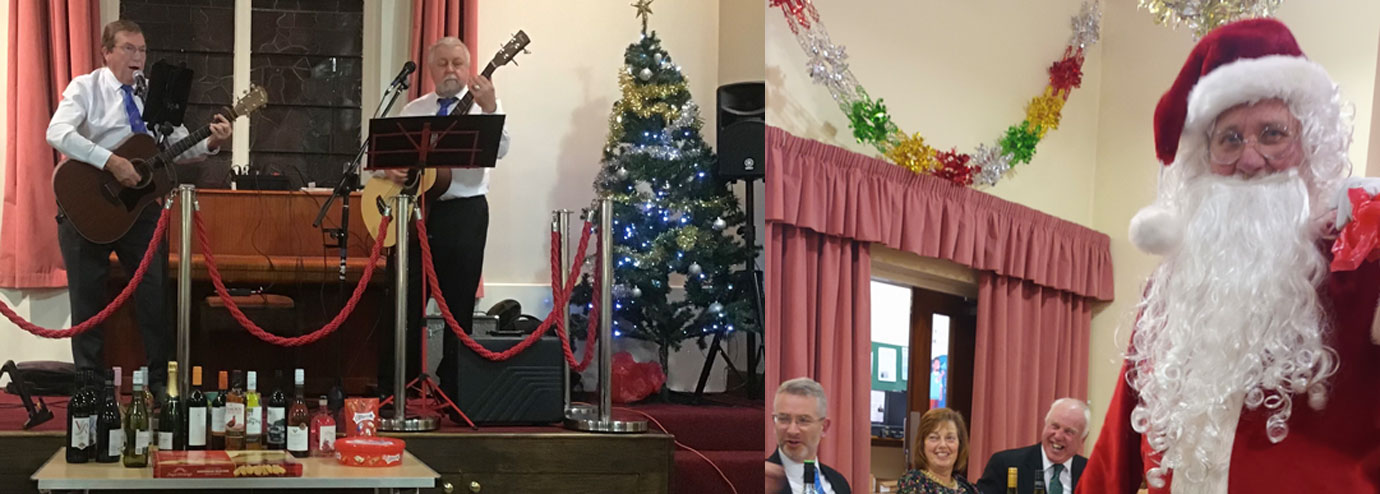 Pictured left: Nigel Parrish and Charlie Holl entertain with guitars and vocals. Pictured right: Father Christmas enters the building and distributes small gifts.