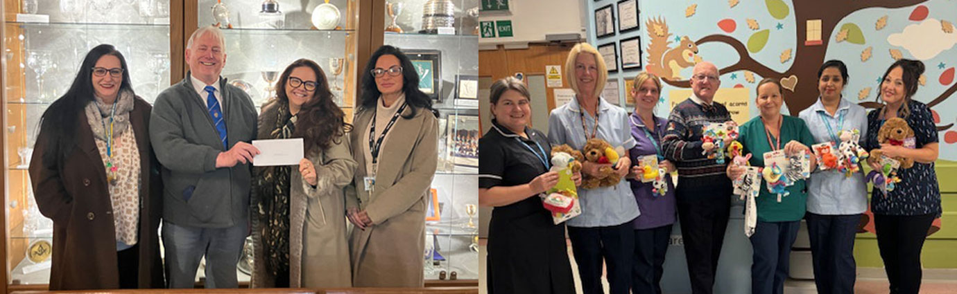 Pictured left: George Hayes with support workers. Pictured right from left to right, are: Erica Wiles, Julie Harris, Debra Cunliffe, Chris Todd, Rosaleen Murphy, Marisa Owen and Biji Thomas.