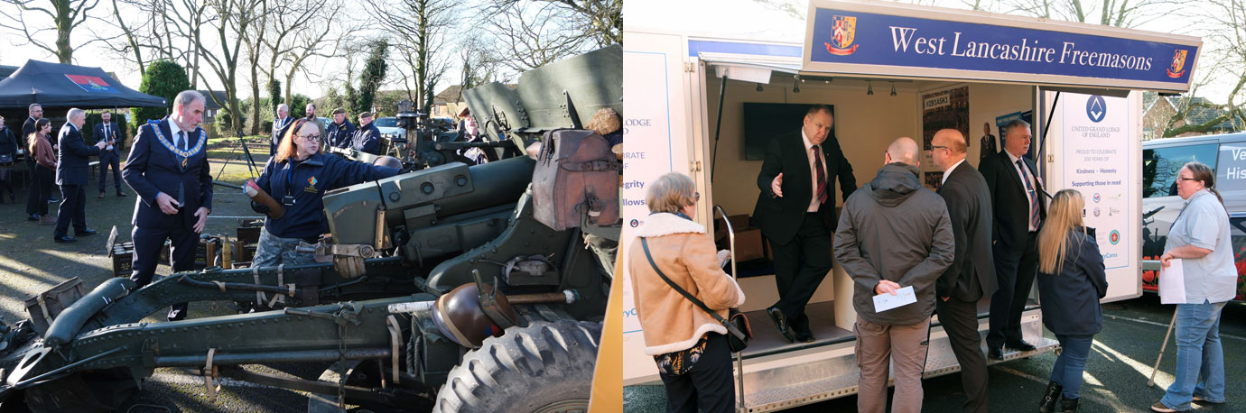 Pictured left: Frank Umbers inspects the guns on display. Pictured left: Steve Ralph and Mick O'Brien promoting Freemasonry.