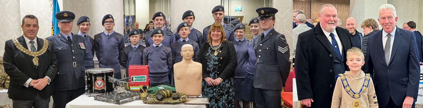 Pictured left: The Mayor and Mayoress of Bolton meet the Air Cadets. Pictured right: Mark invests his successor.