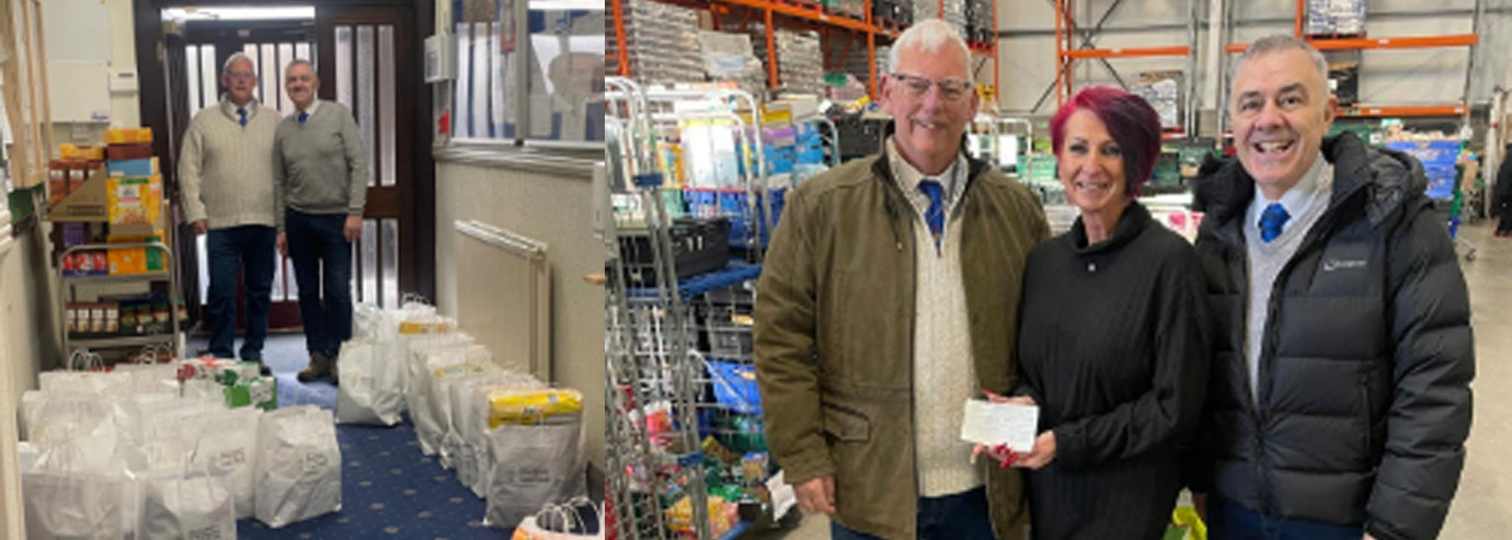 Pictured left: Neil Higgins (left) with Steve Jelly with some of the food bank donations. Pictured right from left to right, are: Neil Higgins, Victoria Blakeman (receiving a cheque for £3,000) and Steve Jelly.