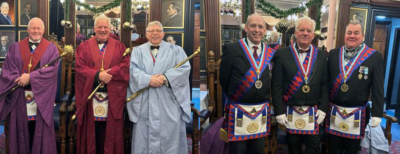 Pictured left from left to right, are: Mark Crawford, Paul Shirley and Alan Riley. Pictured right: Acting Provincial Grand Standard Bearers Mike Fox (left) and Dale Roberts (right) with Paul Shirley.