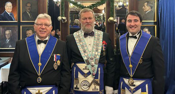 The three principal officers, pictured from left to right, are: Senior warden Alan Riley, WM David Boyes and junior warden Mick Southern.