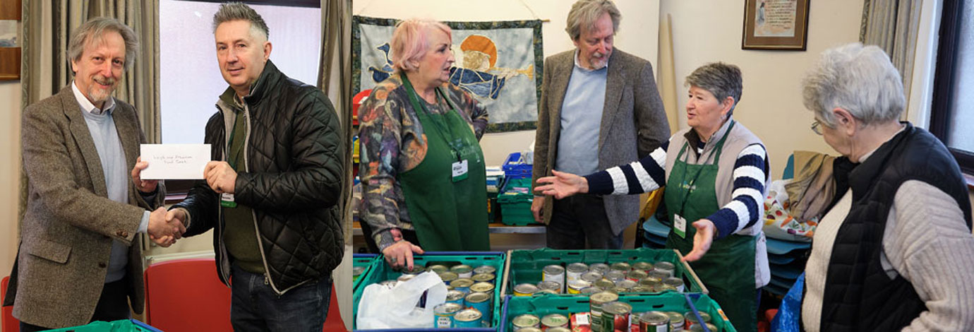 Pictured left: David Gordon-Williams (left) presenting cheque to Warren Dunn. Pictured right: A member of staff expressing to David how appreciative they are for the many donations received.