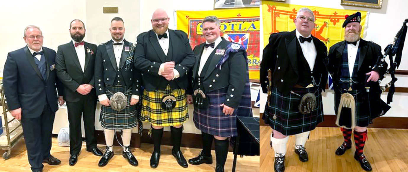 Pictured left: Guests at the Burns Supper. Pictured right: The Pipe Major in full dress uniform with the guest also suitably attired.