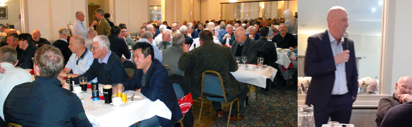 Pictured left: Diners at Garston Masonic Hall. Pictured right: Gary standing and Big Lou seated.  