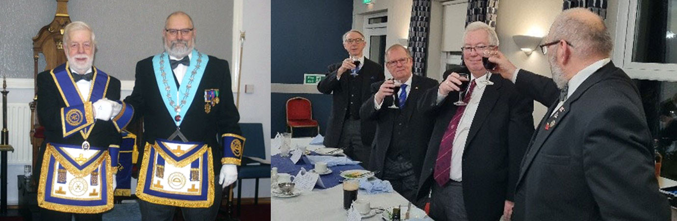 Pictured left: John Whalley (left) and Paul Gerrard. Pictured right from left to right, are: Graham Williams, Colin Rowling, John Murphy with Paul Gerrard giving a toast of visiting officers.