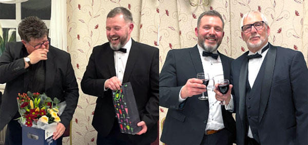 Pictured left: Canon John Hall (left) and David Hodge share a joke. Pictured right: Jonathan Davies (right) proposes a toast to David Hodge