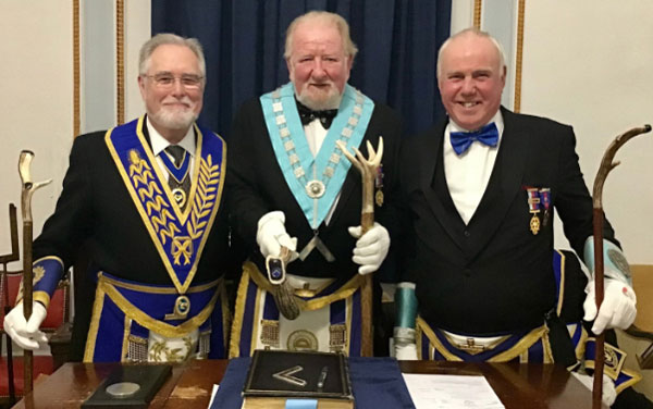 Pictured from left to right, are: Philip Gardner, Martin Swarbrick (WM) and Ian Heyes with the antler headed wands following the installation ceremony