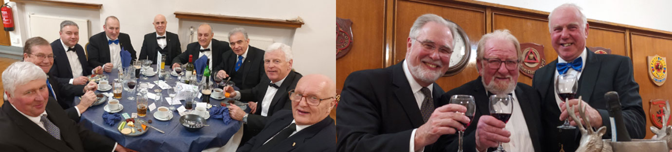 Pictured left: Andy McClements (fourth left) with his dining brethren. Pictured right: Philip Gardner (left) and Ian Heyes (right) toasting Martin Swarbrick