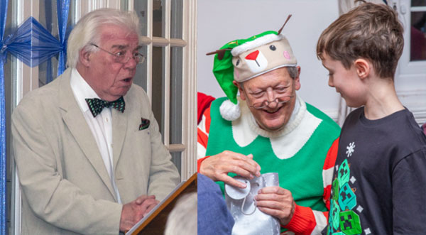 Pictured left; Canon Godfrey Hirst presenting a talk on the first seasonal gin. Pictured right: Tony Smith receives ‘best dressed Christmas costume’ prize from Arran Gorry, son of Ben Gorry, South Fylde Group Chairman.