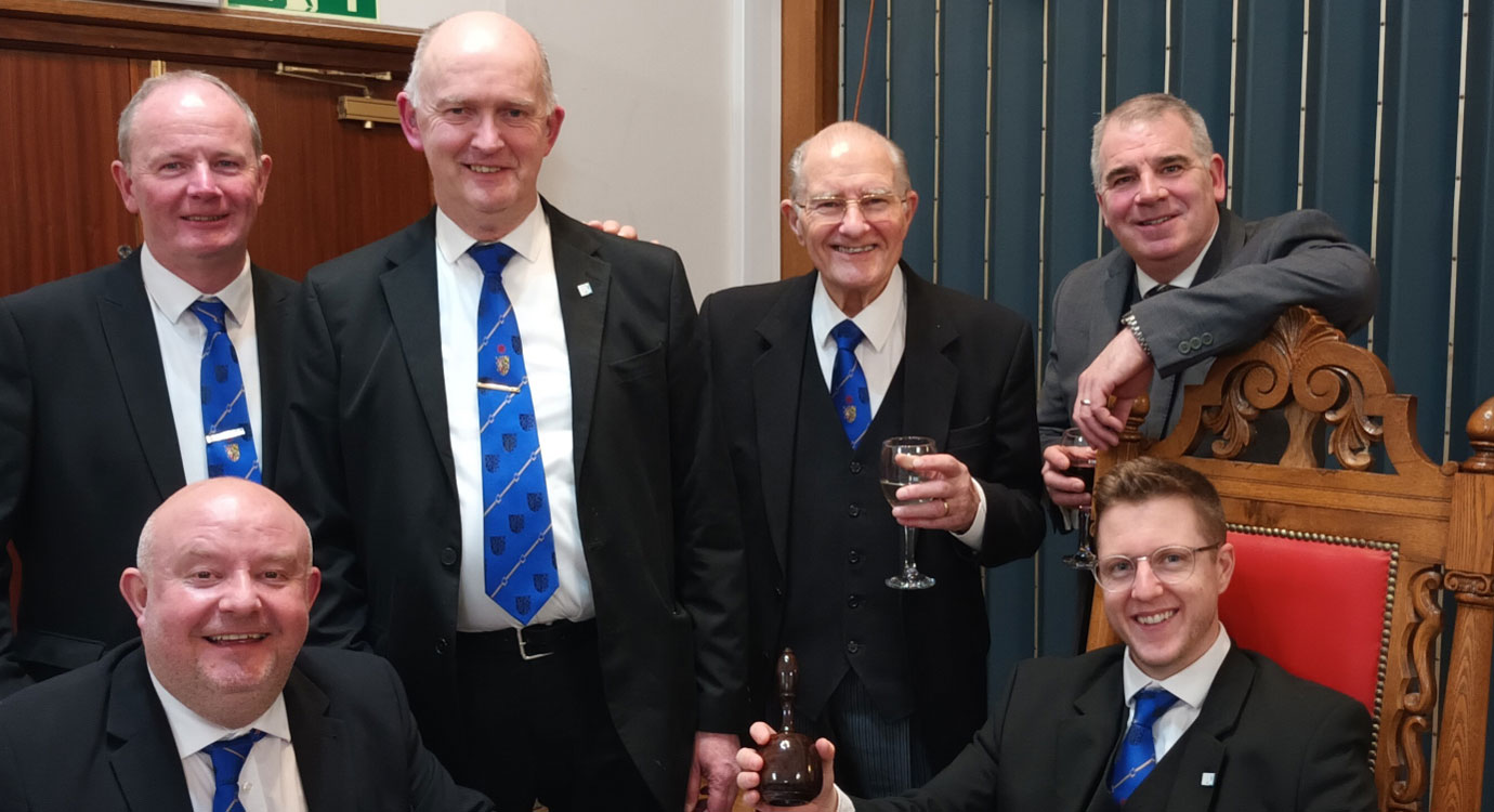 Mike Boxall with the lodge light blues. Pictured from left to right, are: (seated) Peter Grihault and Jordan Brown. (Standing) David Eastwood, William Buchanan Snr, Mike Boxall and Darran Collins.