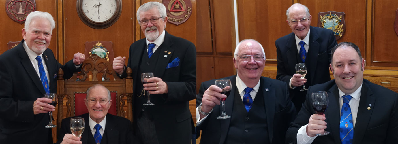 Pictured left: David Randerson (left) and David Barr (right) congratulating Mike Boxall (centre). Pictured right from left to right, are: Ted Rhodes, Mike Boxall and Ben Gorry.