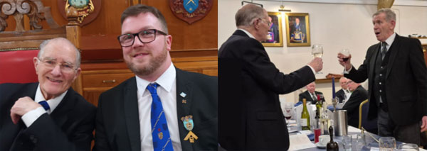 Pictured left: Mike Boxall (left) with Will Buchanan wearing his new IPM jewel. Pictured right: Roger Lloyd-Jones (right) performing the Master’s Song to Mike Boxall.