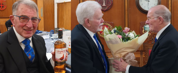 Pictured left: Alan Guest wins the first prize in the raffle. Pictured right: Mike Boxall (right) presents flowers to David Randerson for his wife Anne.