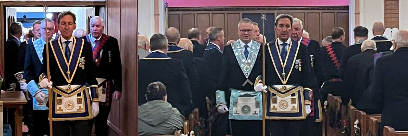 Pictured left: The head of the column enters the church. Pictured right: The brethren begin to exit the church, with almost as much ceremony as their entrance.