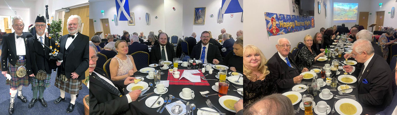 Pictured left from left to right, are: Jim Noble, Bernard (the Piper) and Peter Harding. Pictured centre and right: Guests enjoying the evening.