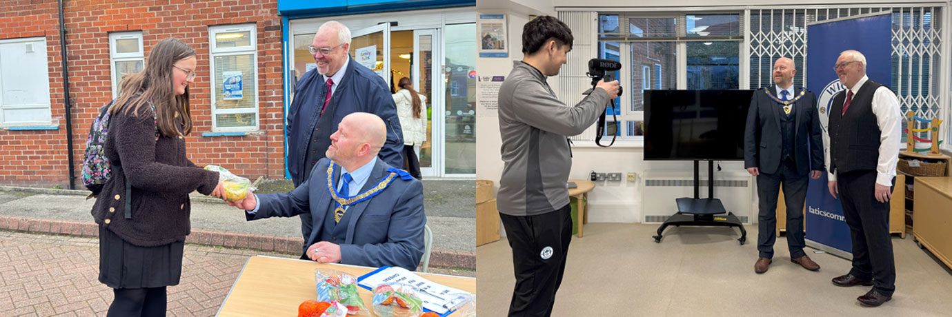 Pictured left: Malcolm and Ian hand out bags of fruit. Pictured right: Adam from the Community Trust interviews Malcolm and Ian.