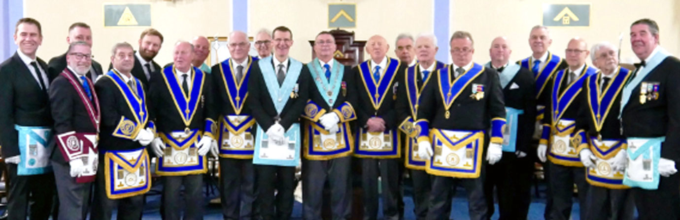 Gordon Major (centre) with the members and officers of Emblem Lodge.