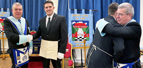 Pictured left: Mark Rothwell and Chad McDonald after his initiation. Pictured right: Mark welcoming his step-son Chad into Cuerden Lodge.