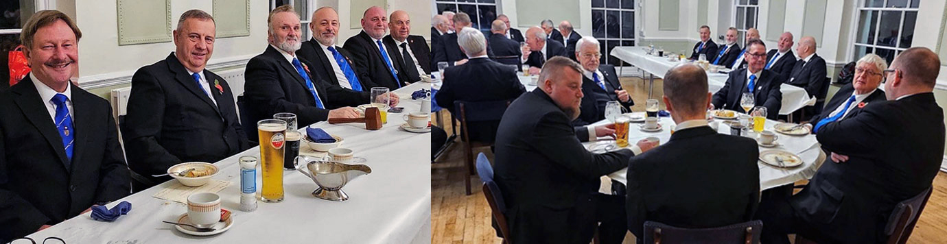 Pictured left: Paul Hesketh (left) and Peter Lockett (second left) with members of Lever Park Lodge on the top table. Pictured right: Brethren enjoying the festive board together.